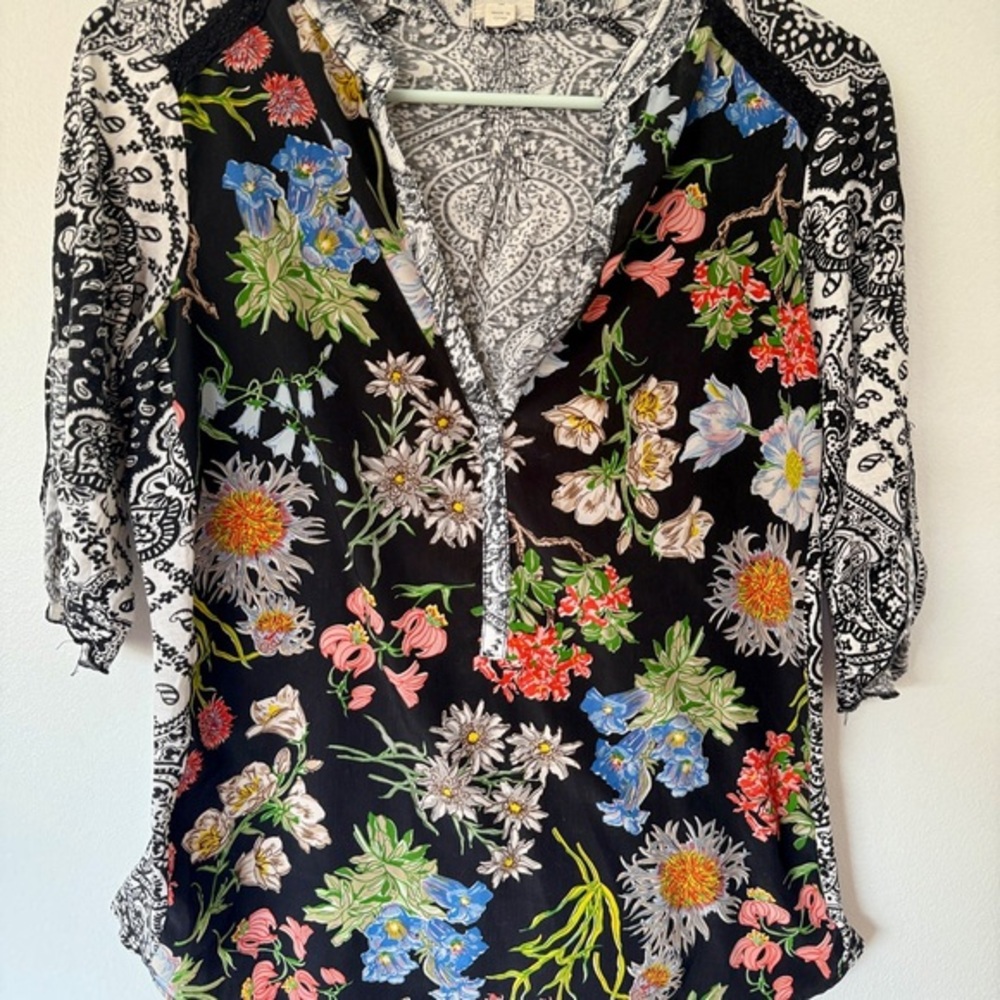 Anthropologie Black Multicolor Floral Blouse